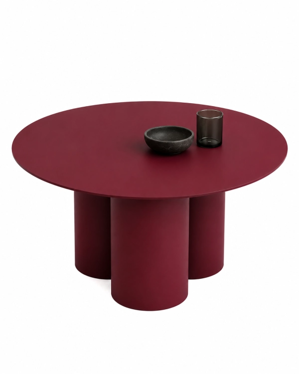 Stolik kawowy metalowy NØDE LOW w kolorze burgundowym. Minimalistyczny stolik do salonu inspirowany współczesnym wzornictwem i architektonicznymi formami.