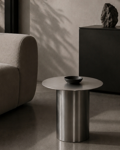 Stolik boczny ARC SIDE w aranżacji wnętrza. Minimalistyczny stolik stalowy o geometrycznej formie do salonu i nowoczesnych wnętrz CHROMA FØRM