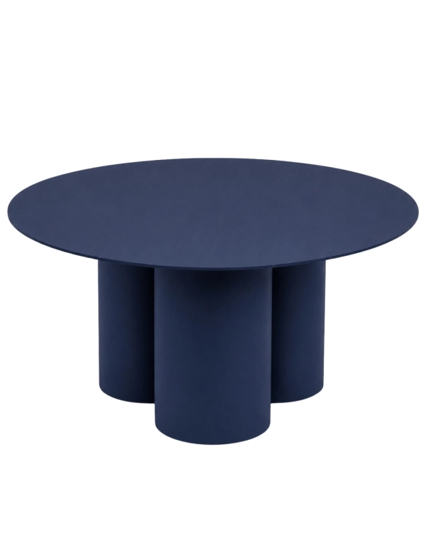 Stolik kawowy metalowy NØDE LOW w kolorze granatowym RAL 5013. Designerski okrągły stolik stalowy CHROMA FØRM, malowany proszkowo w drobnej strukturze.