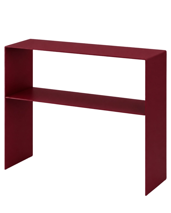 Bordowa konsola metalowa U-FØRM TALL 90 × 25 × 80 cm. Designerska, wąska konsola do salonu, przedpokoju lub sypialni.