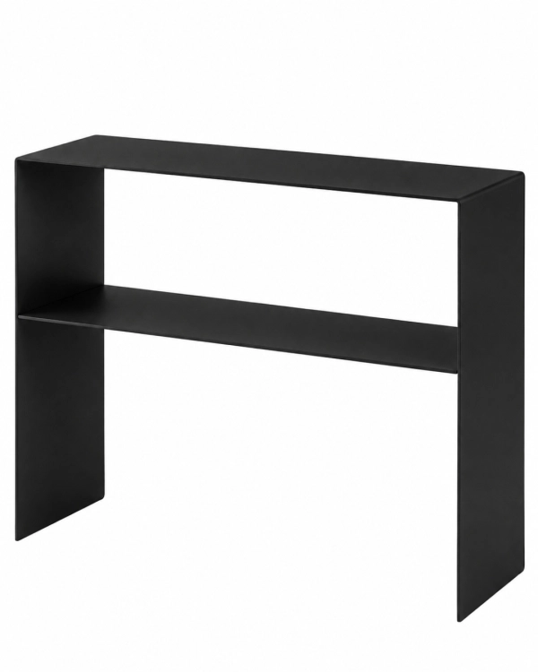 Czarna konsola metalowa U-FØRM TALL 90 × 25 × 80 cm do przedpokoju i salonu. Minimalistyczny mebel z giętej stali w drobnej strukturze.