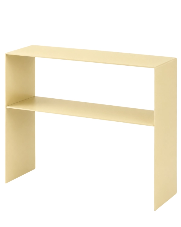 Masełkowa konsola metalowa z półką U-FØRM TALL 90 × 25 × 80 cm. Nowoczesna, wąska konsola do przedpokoju i salonu, wykonana z giętej stali w kolorze RAL 1014.