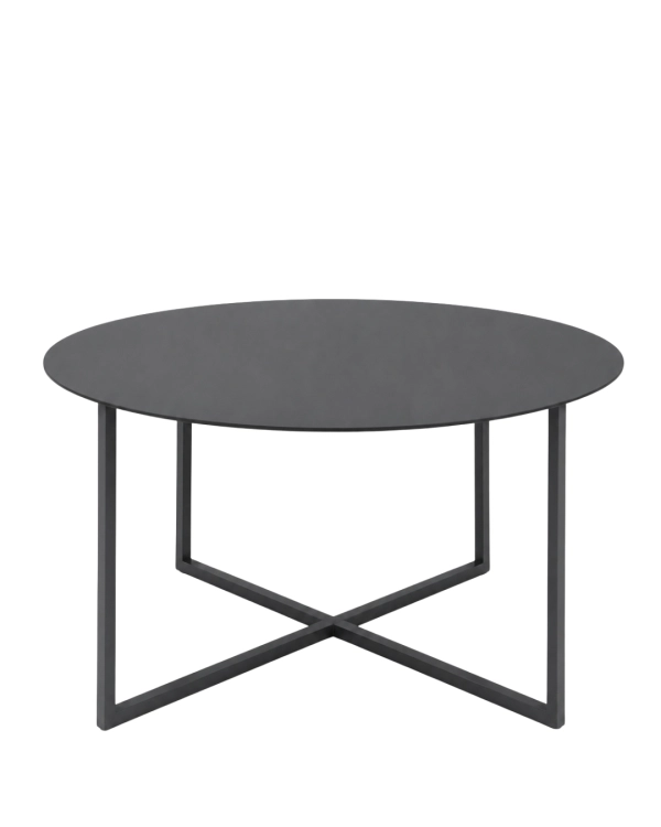 Grafitowy okrągły stolik kawowy LOOM SLIM – minimalistyczny stolik metalowy do nowoczesnego salonu z architektonicznym, geometrycznym stelażem.