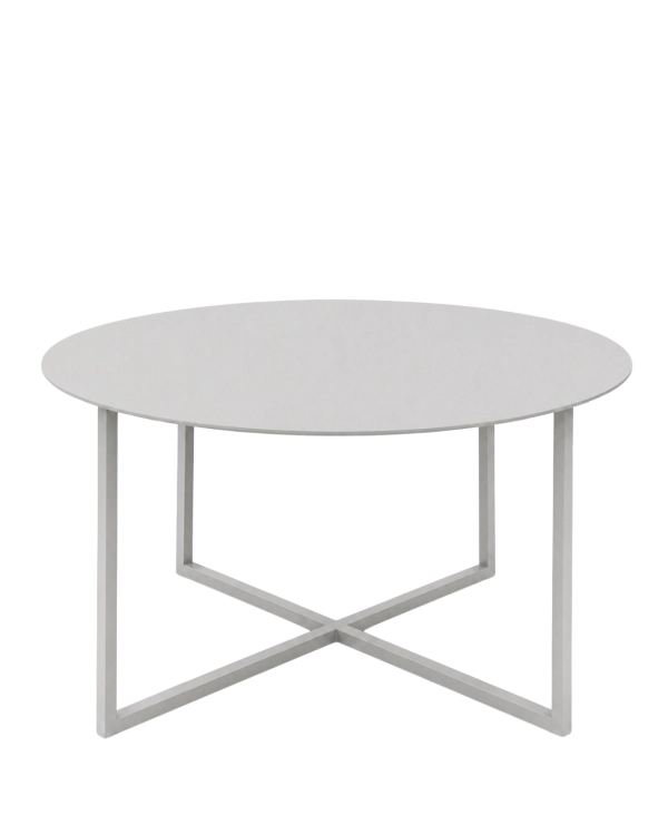 Jasnoszary okrągły stolik kawowy LOOM SLIM – minimalistyczny metalowy stolik do jasnego salonu, wnętrz soft minimal, japandi i nowoczesnych aranżacji.