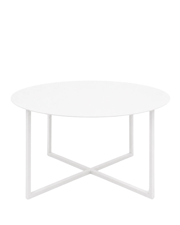 Biały okrągły stolik kawowy LOOM SLIM – minimalistyczny stolik metalowy do salonu z lekkim geometrycznym stelażem, malowany proszkowo w drobnej strukturze.