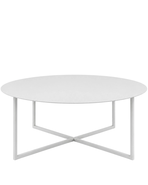 Jasnoszary okrągły stolik kawowy LOOM LOW – nowoczesny metalowy stolik do salonu, wnętrz soft minimal, japandi i contemporary.