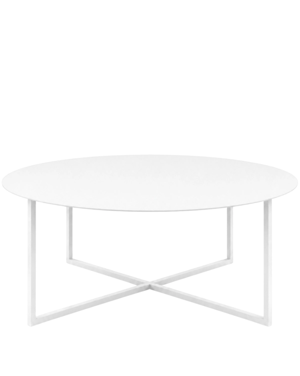 Biały okrągły stolik kawowy LOOM LOW – minimalistyczny stolik metalowy do salonu z lekkim, geometrycznym stelażem ze stali.