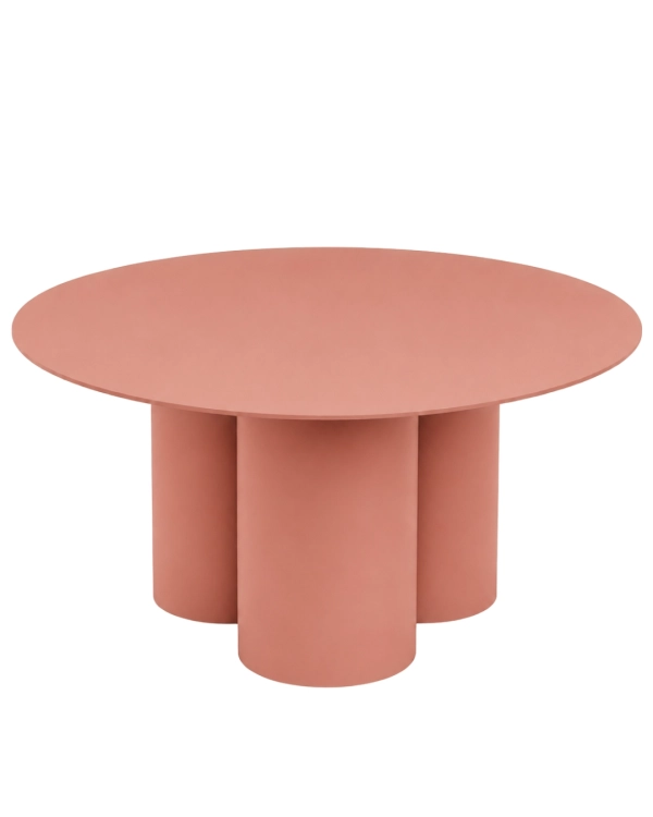 Stolik kawowy metalowy NØDE LOW w kolorze pastelowo różowym RAL 3012. Minimalistyczny okrągły stolik stalowy CHROMA FØRM, wykończony malowaniem proszkowym w drobnej strukturze.