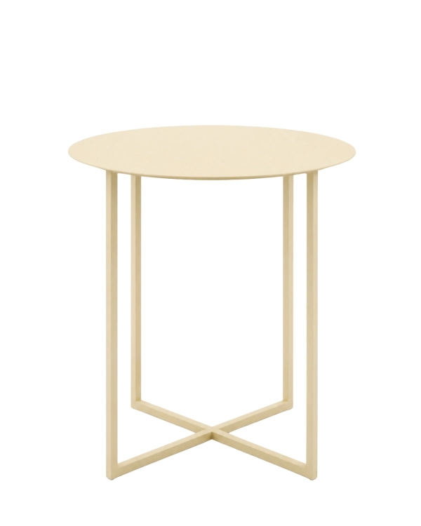 Masełkowy stolik boczny LOOM SIDE. Minimalistyczny stalowy stolik pomocniczy do ciepłych, jasnych i nowoczesnych wnętrz.
