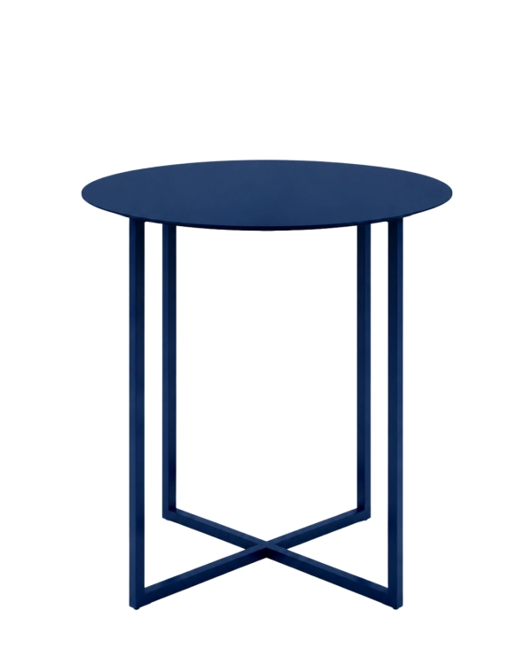 Granatowy stolik boczny LOOM SIDE ze stali. Nowoczesny stolik pomocniczy do salonu, apartamentu i eleganckiej przestrzeni.