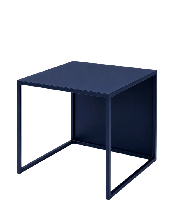 Granatowy stolik kawowy MODULÉ 02 50 × 50 × 45 cm – elegancki stolik metalowy ze stali do salonu, apartamentu i nowoczesnych wnętrz, wykończony malowaniem proszkowym w drobnej strukturze w kolorze RAL 5013.