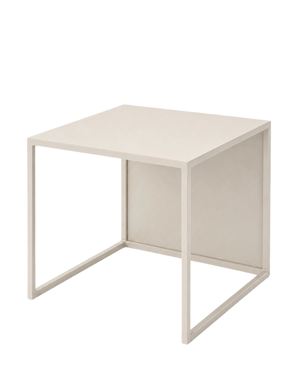 Kaszmirowy stolik kawowy MODULÉ 02 50 × 50 × 45 cm – elegancki metalowy stolik do salonu, sypialni i spokojnych minimalistycznych wnętrz, wykonany ze stali malowanej proszkowo w drobnej strukturze w kolorze NCS 2005.