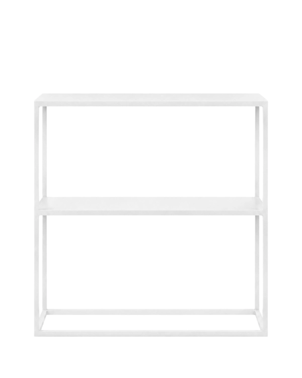 Biała konsola metalowa NIVØ TALL 80 × 25 × 90 cm z półką – wąska konsola do przedpokoju, holu lub nowoczesnego salonu