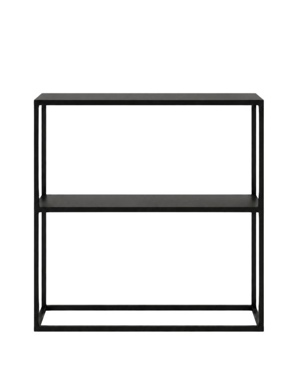 Czarna konsola metalowa NIVØ TALL 80 × 25 × 90 cm z półką – smukła konsola stalowa do przedpokoju, korytarza i salonu
