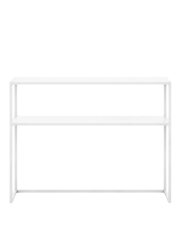 Biała konsola metalowa NØVA TALL 100 × 25 × 80 cm z półką i otwartą podstawą – wąska konsola do przedpokoju i holu