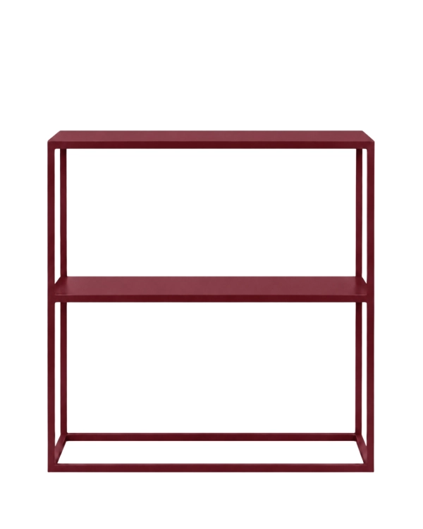 Bordowa konsola metalowa NIVØ TALL 80 × 25 × 90 cm z półką. Wąska konsola stalowa do przedpokoju, korytarza, salonu lub sypialni.