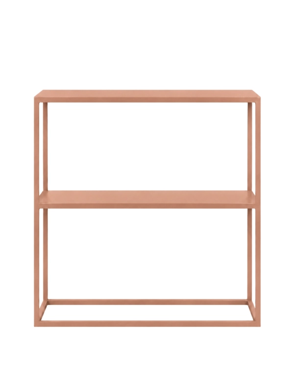 Pastelowo różowa konsola metalowa NIVØ TALL 80 × 25 × 90 cm z półką. Smukła konsola stalowa do przedpokoju, salonu, korytarza lub sypialni.