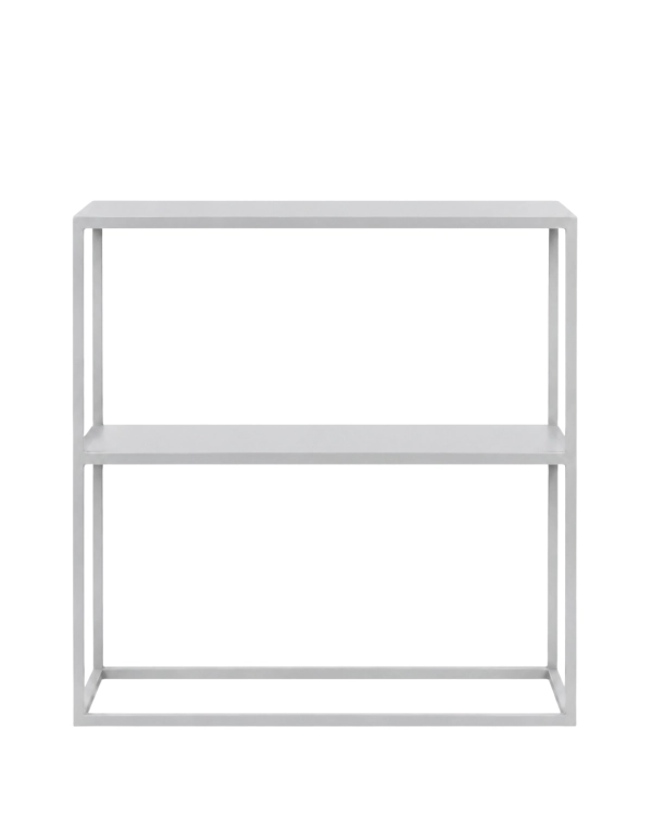 Jasnoszara konsola metalowa NIVØ TALL 80 × 25 × 90 cm z półką. Wąska konsola stalowa do przedpokoju, korytarza, salonu lub sypialni.