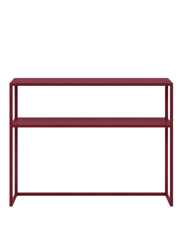 Bordowa konsola metalowa NØVA TALL 100 × 25 × 80 cm z półką. Wąska konsola stalowa do przedpokoju, salonu, holu lub korytarza.