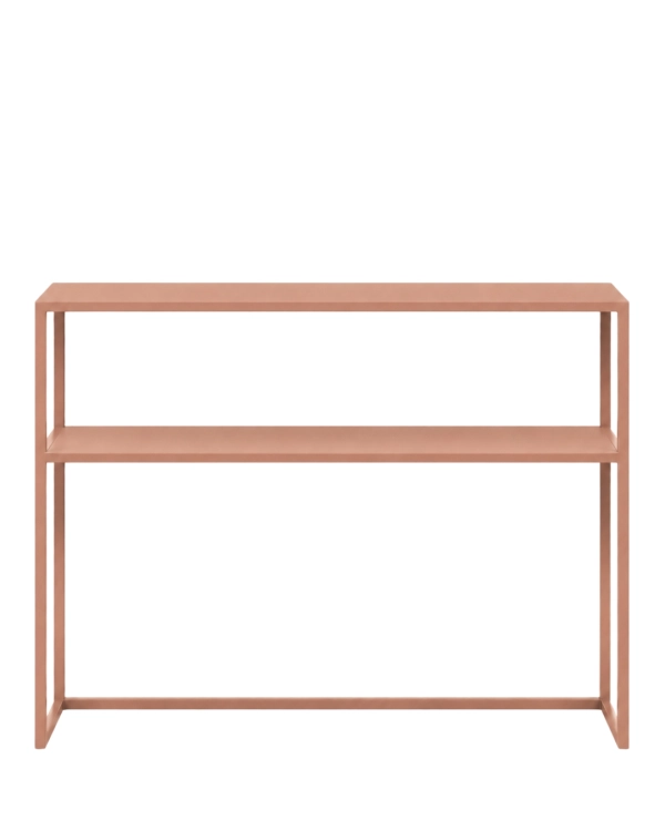 Pastelowo różowa konsola metalowa NØVA TALL 100 × 25 × 80 cm z półką. Nowoczesna konsola stalowa do przedpokoju, salonu, holu lub sypialni.