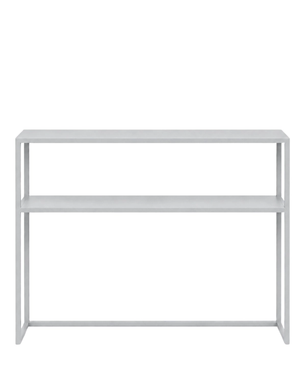 Jasnoszara konsola metalowa NØVA TALL 100 × 25 × 80 cm z półką. Wąska konsola stalowa do przedpokoju, salonu, holu lub sypialni.